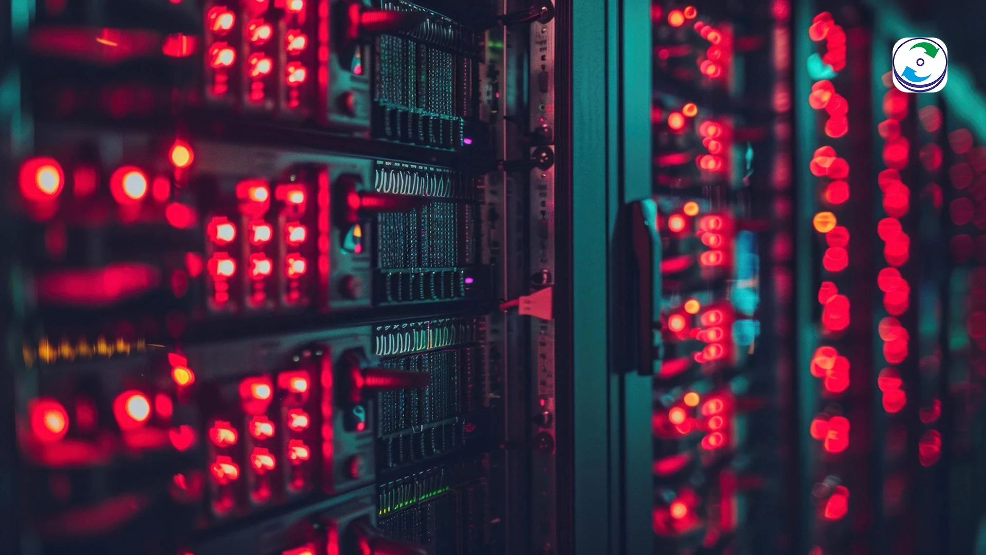 A server rack with a RAID array showing a blinking red light on one drive bay and a hand reaching to press the "off" button.