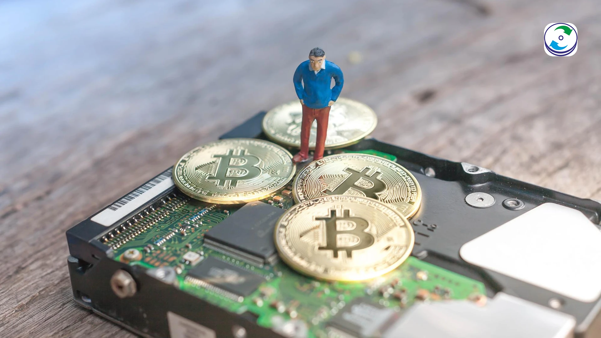 A shattered hard drive platter with floating Bitcoin icons and lines of code, illustrating the high-stakes of cryptocurrency data loss from hardware failure, with a professional's gloved hand and tool attempting to recover the valuable data.