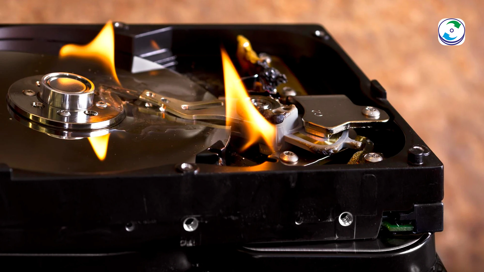 A split image showing a hard drive submerged in water on one side and a charred, fire-damaged hard drive on the other, with a clean, professional hand in a glove in the center, symbolizing expert data recovery as the solution for both types of damage.