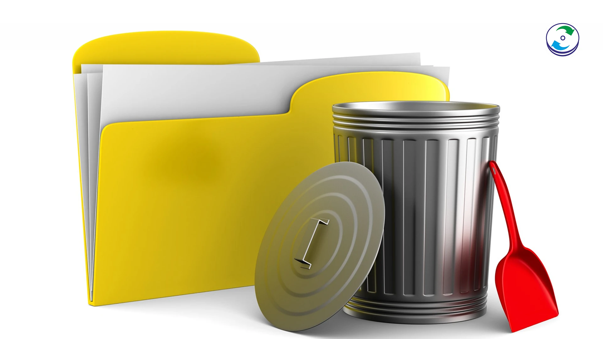 A recycling bin icon with a red X, symbolizing an emptied bin, and an arrow pointing to a folder icon with a plus sign, representing the recovery of deleted files.