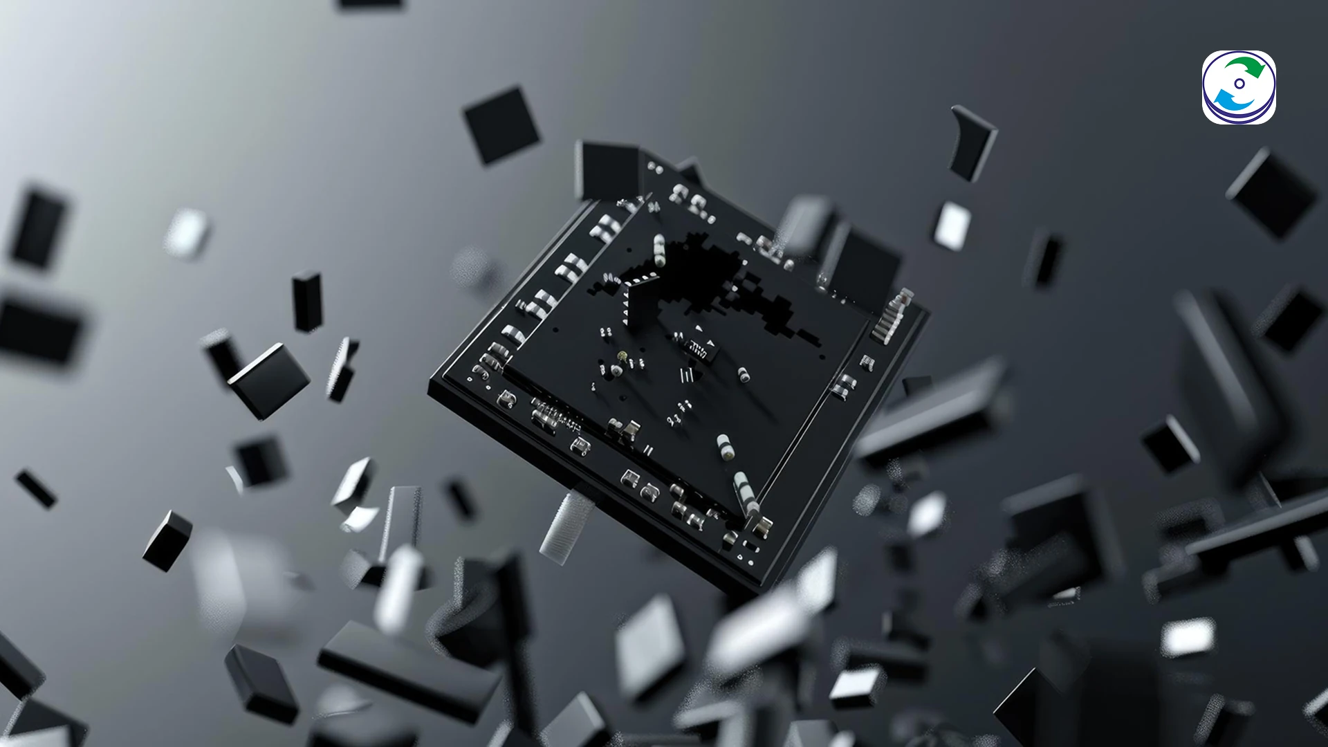 A shattered Solid-State Drive (SSD) with binary code and digital file icons escaping from the cracks, while a professional's hand with a micro-soldering tool examines the damage, symbolizing the complex and delicate nature of SSD data recovery.
