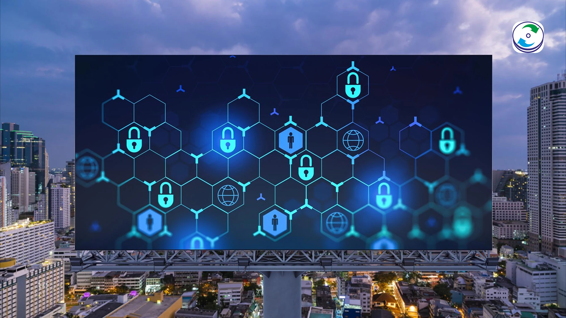 A glowing smart TV displaying data icons and privacy lock symbols, surrounded by various IoT devices with similar data streams, illustrating the interconnectedness and potential privacy risks of smart home technology.