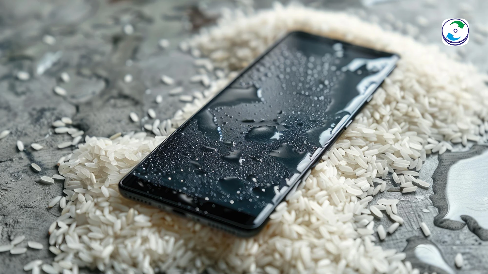 A smartphone half-submerged in a bowl of uncooked rice, with water droplets visible on the screen, juxtaposed with a professional data recovery technician working on an open smartphone with specialized tools, highlighting the contrast between the ineffective home remedy and expert intervention.