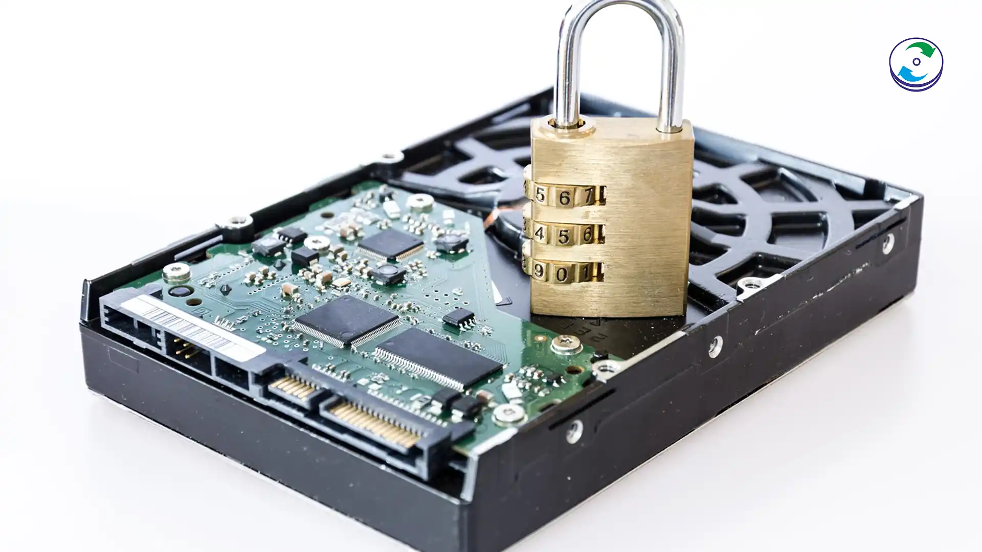A symbolic graphic showing a broken hard drive connected to a computer screen displaying a complex, fractured hexadecimal code and a large, red "LOCK" icon, representing the BitLocker recovery challenge.