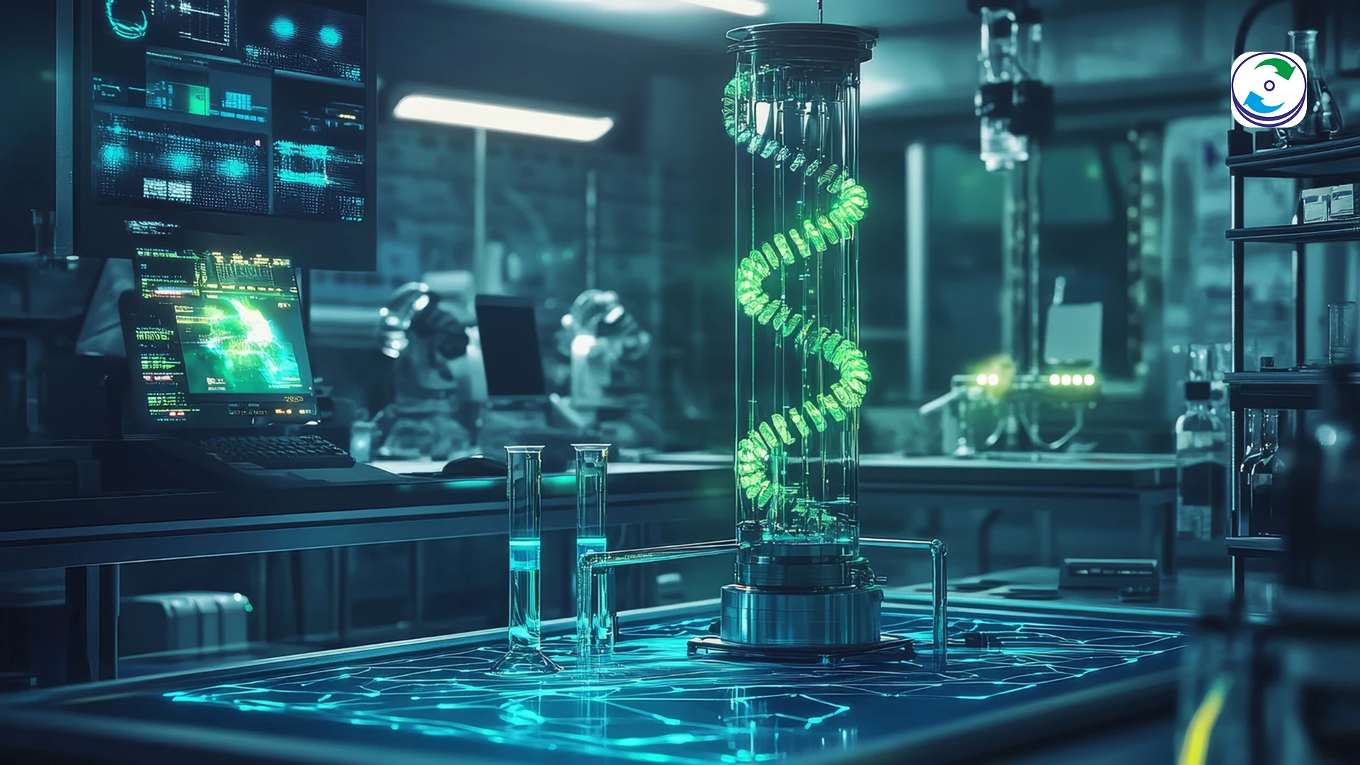 A graphic showing a vial of DNA on a lab bench, with a binary code pattern flowing into it.