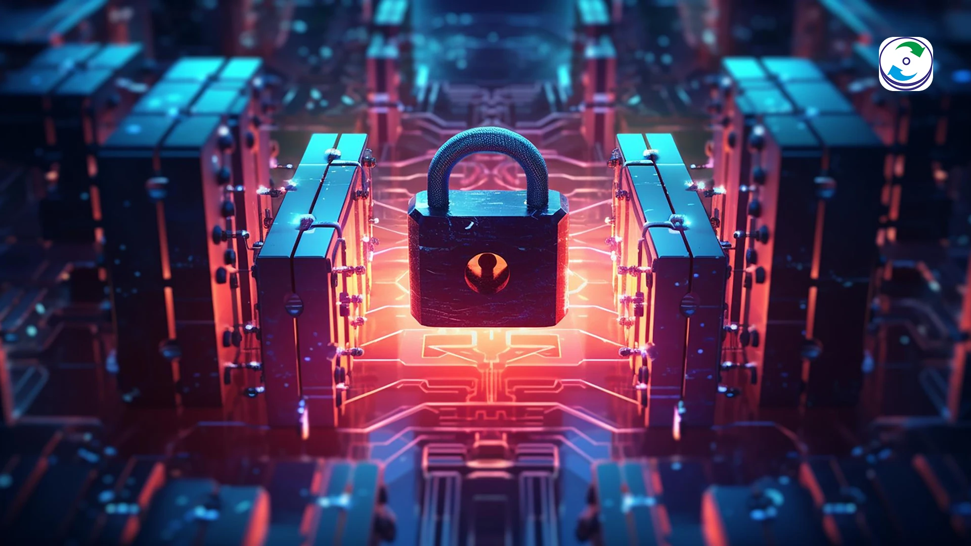 A visual of a secure data center showing a modern LTO tape library with cartridges, symbolizing a physical air gap defense against ransomware, with a cyber lock icon on top.