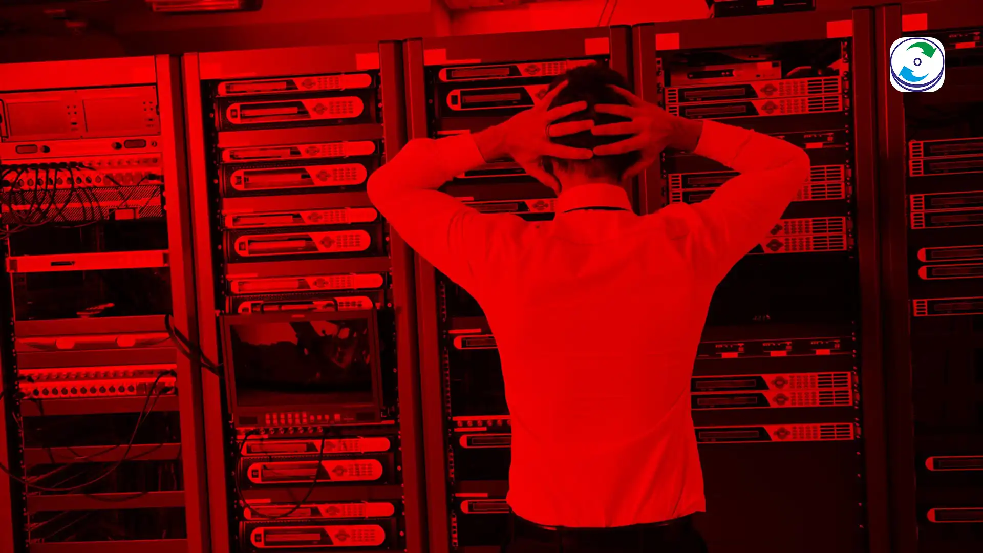 A close-up view of a Synology NAS enclosure with the drive bay doors open and a red warning light flashing, next to a professional data recovery technician working with four labeled hard drives.