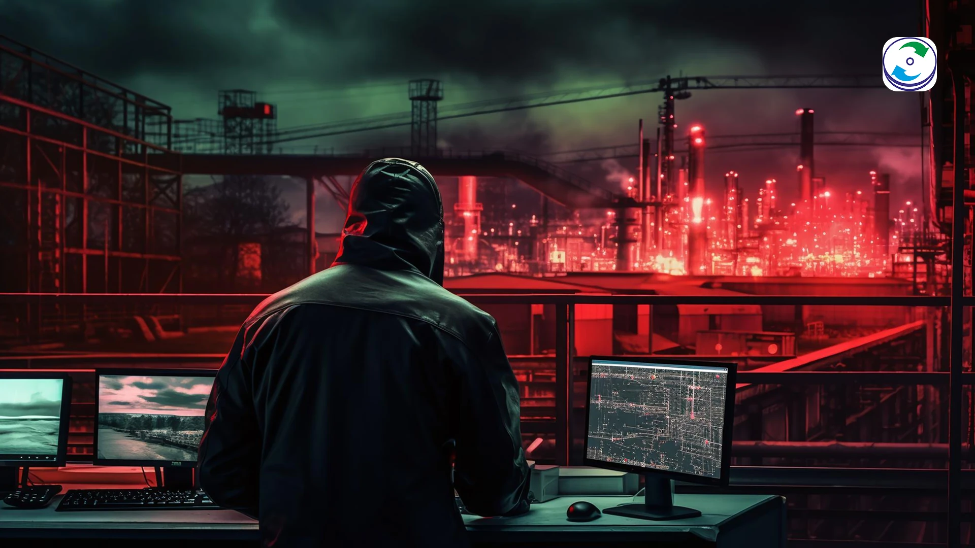 A visual of a computer screen with a menacing ransomware message, with a professional data recovery expert working on a server in the background, symbolizing the professional solution.