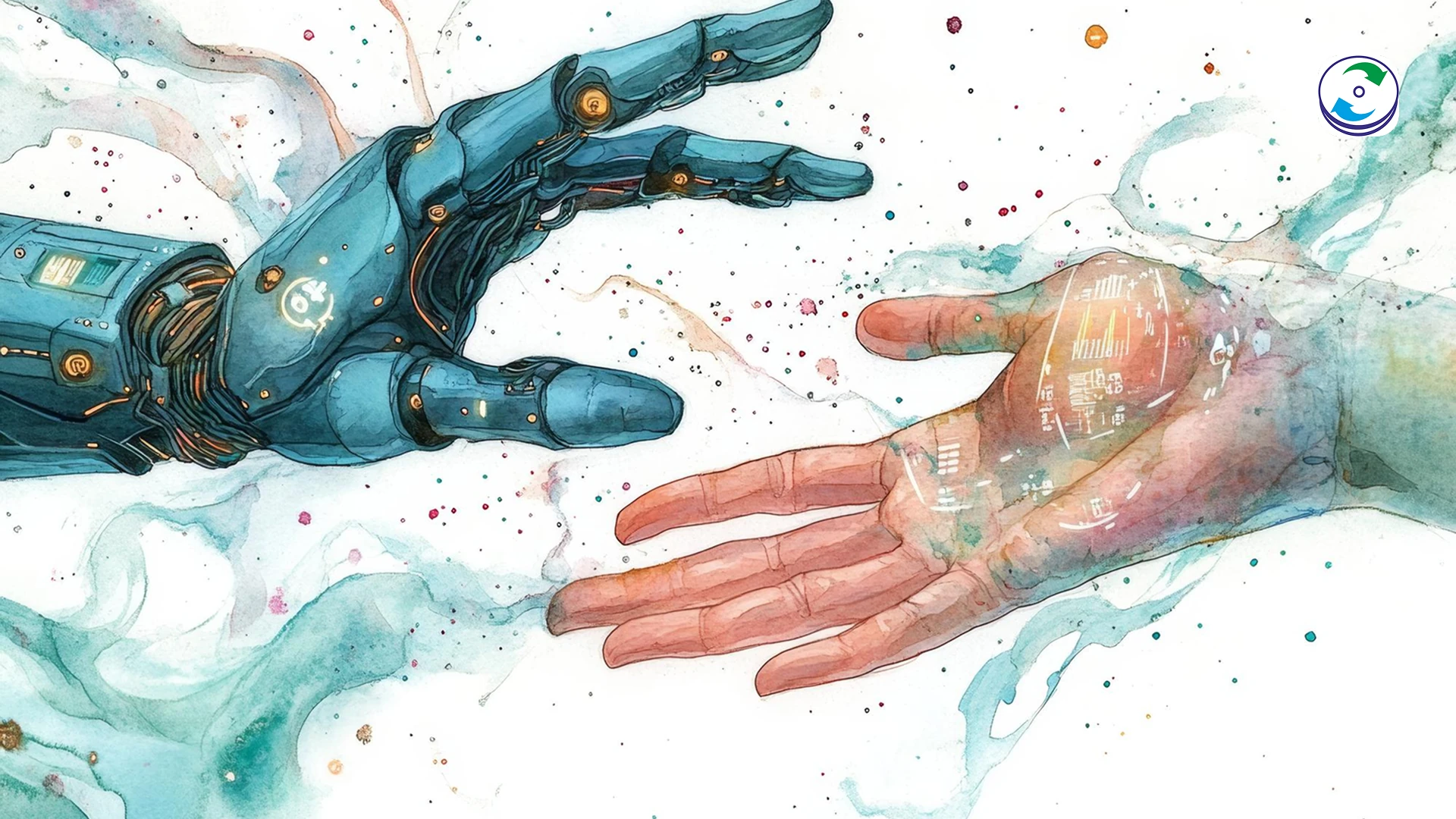 A digital illustration showing a human hand reaching out to touch a robotic hand. The human hand is made of classical art materials like charcoal and paint, while the robotic hand is composed of ones and zeros, representing the ethical and copyright tensions between human creativity and AI.