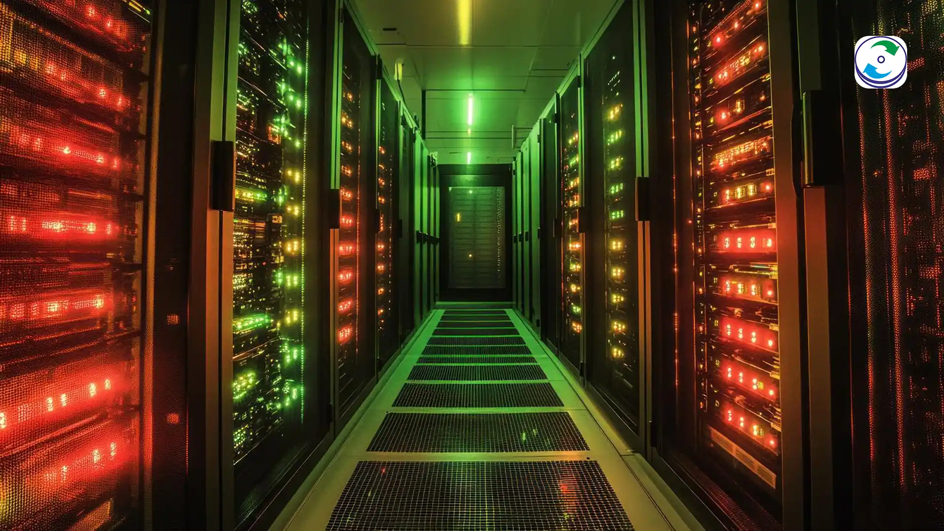 Illustration of a server rack with three green lights and one flashing red light on hard drive bays, symbolizing a degraded RAID 5 array.