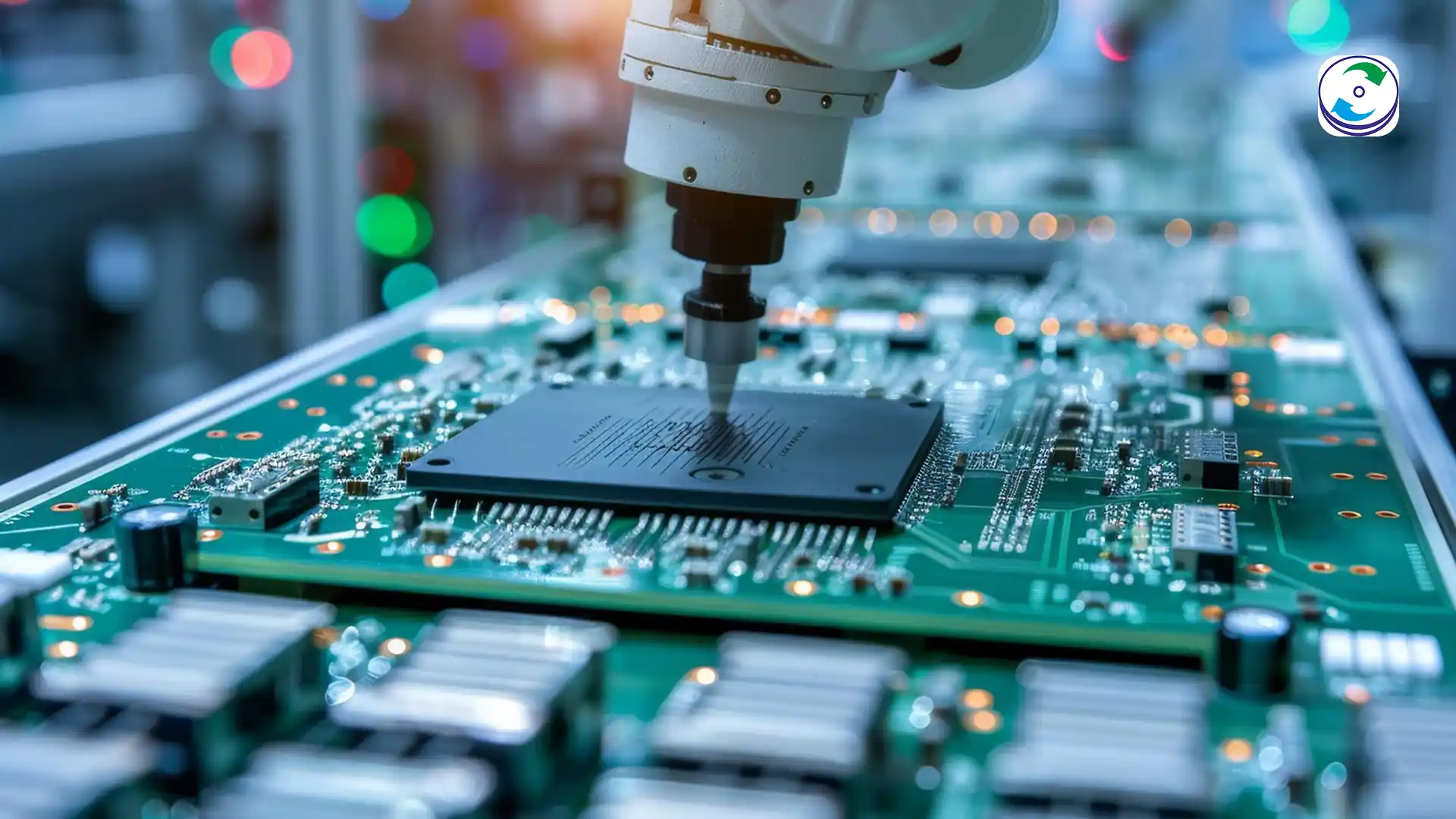 A close-up of a damaged Apple Mac logic board with the M-series chip visible, under a microscope with micro-soldering tools.