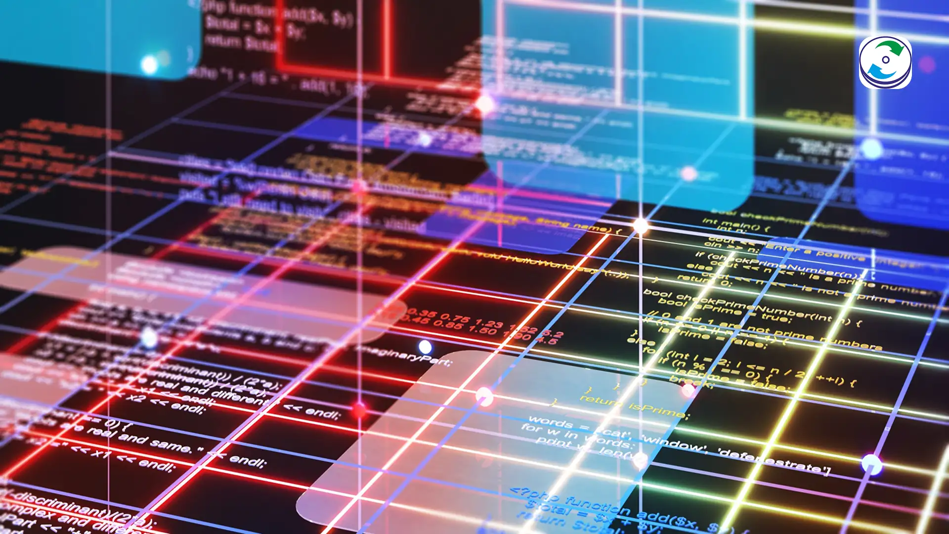 A forensic software interface showing the virtual reconstruction of a complex RAID array geometry with color-coded data strips.