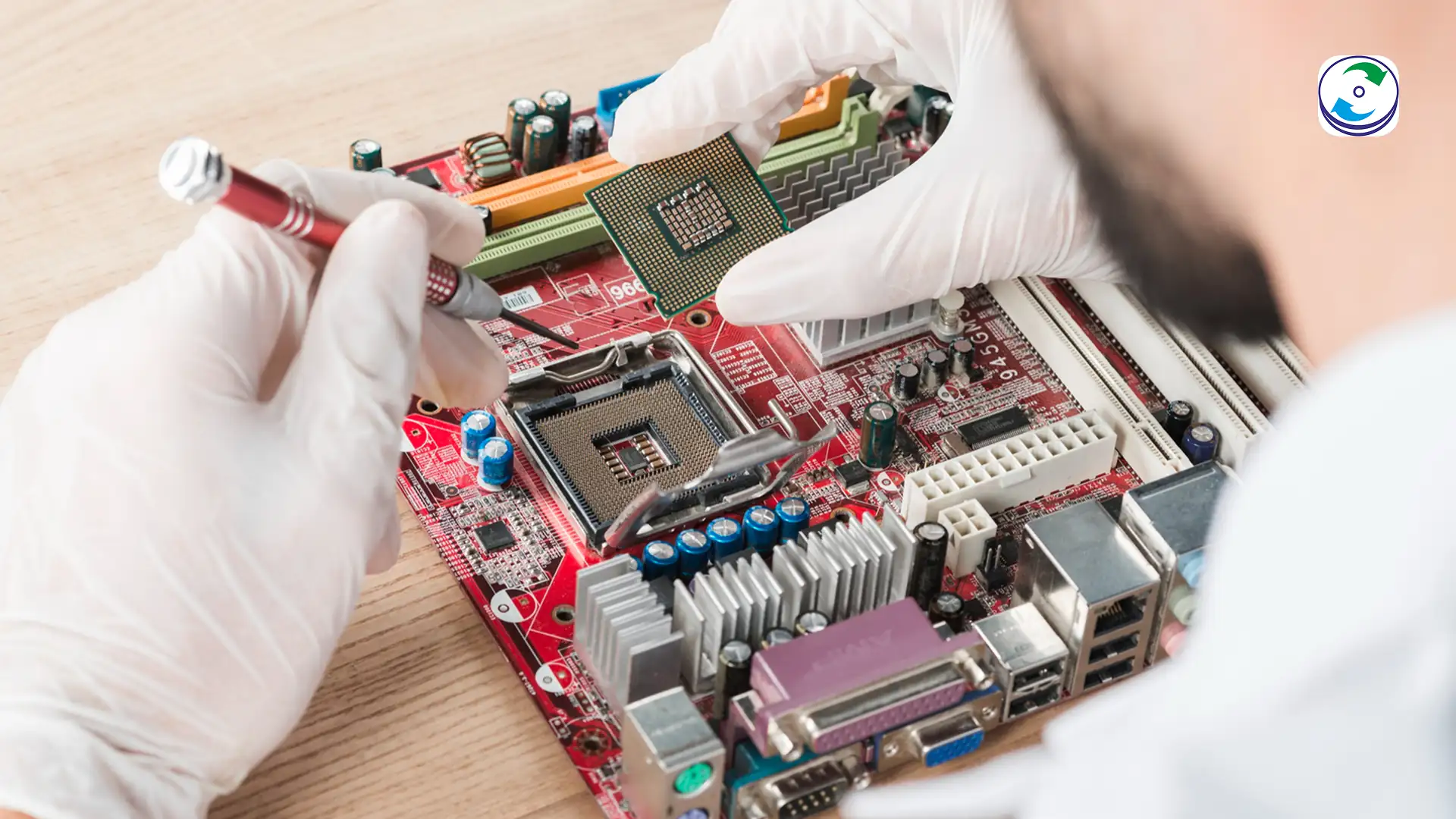 Technician micro-soldering a logic board to repair T2 chip circuitry.