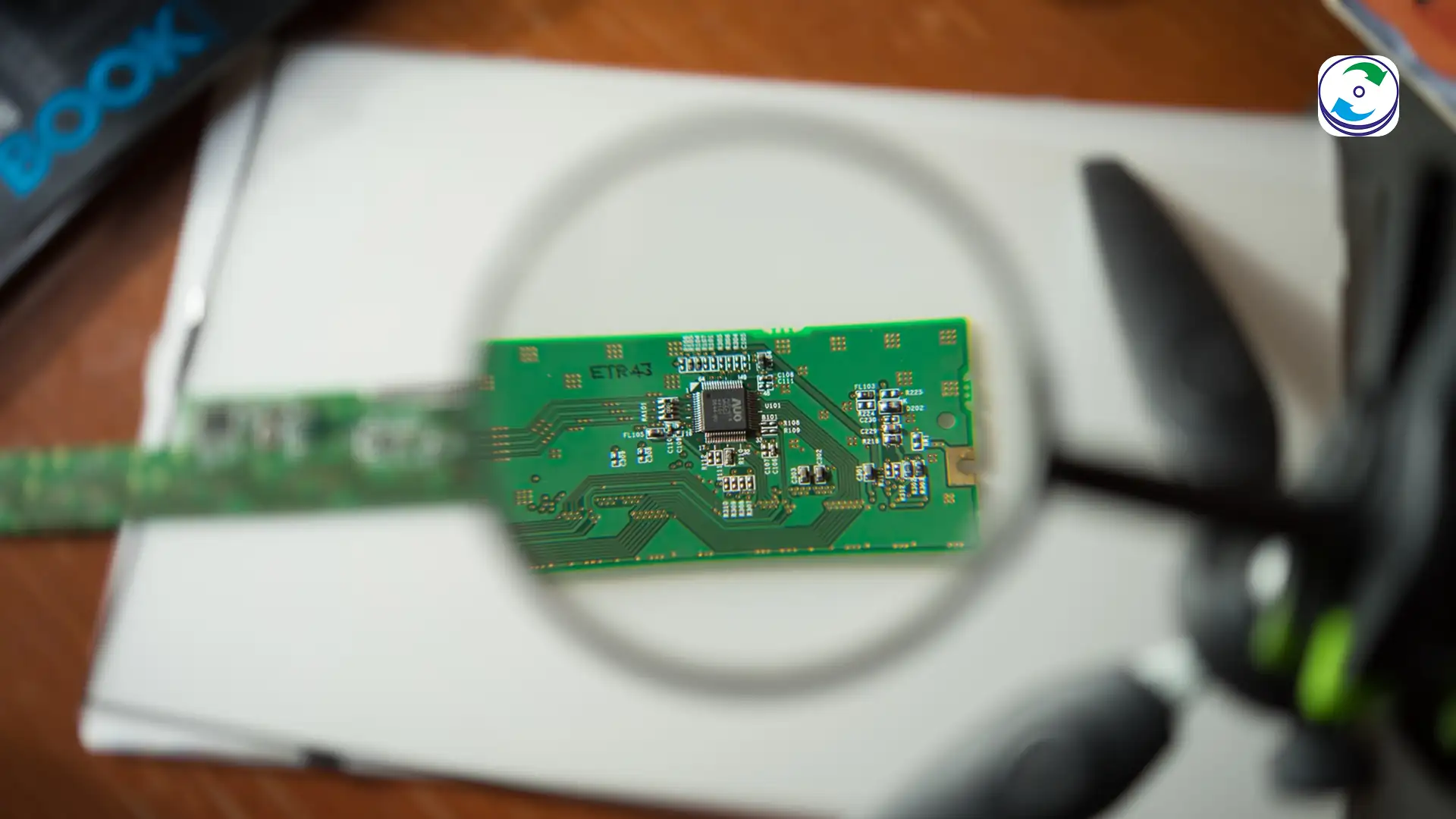 Micro-photo of a de-soldered NAND flash memory chip from an NVMe SSD.