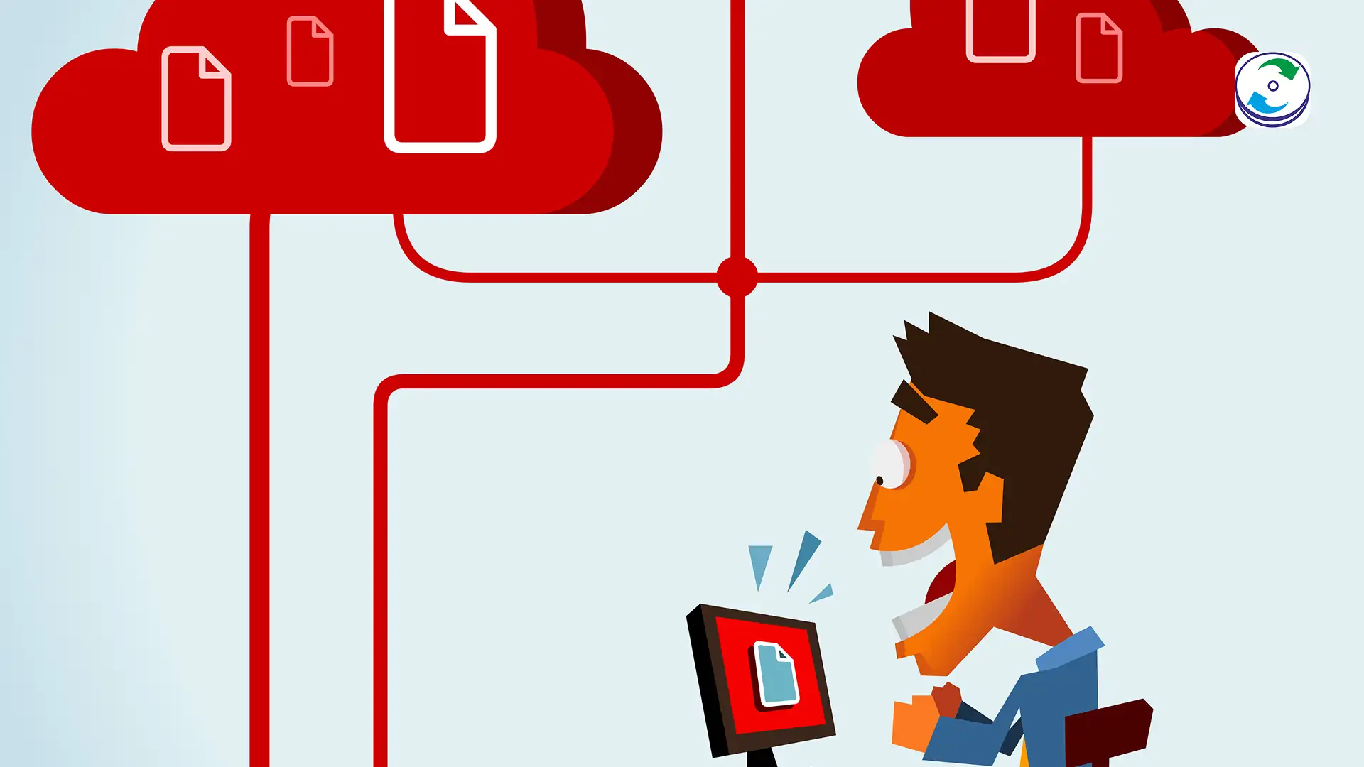 A complex network diagram showing data flow between an on-premise server and two distinct cloud icons (S3 and Azure), with several red X marks indicating failed connections and corrupted data streams.