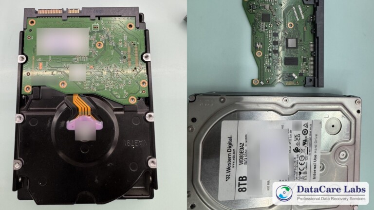 Dropped hard drive data recovery: both sides of the WD 8TB hard drive from Gujarat, 100% of 6.4TB recovered
