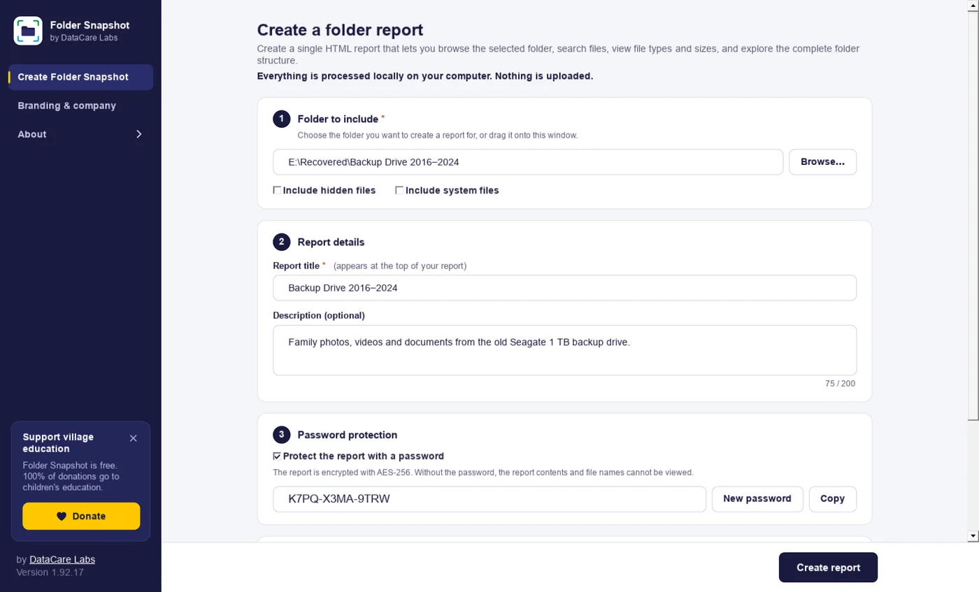 Folder Snapshot Windows app: choose a folder, add a report title and create the HTML report