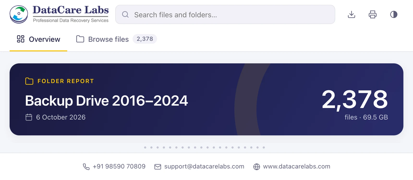 Folder Snapshot report header and contact footer with the default DataCare Labs branding