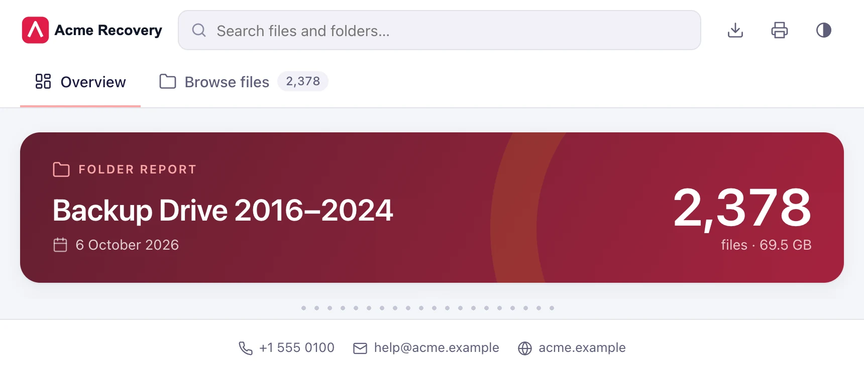 The same Folder Snapshot report with an example recovery lab’s own logo, brand colour and contact details