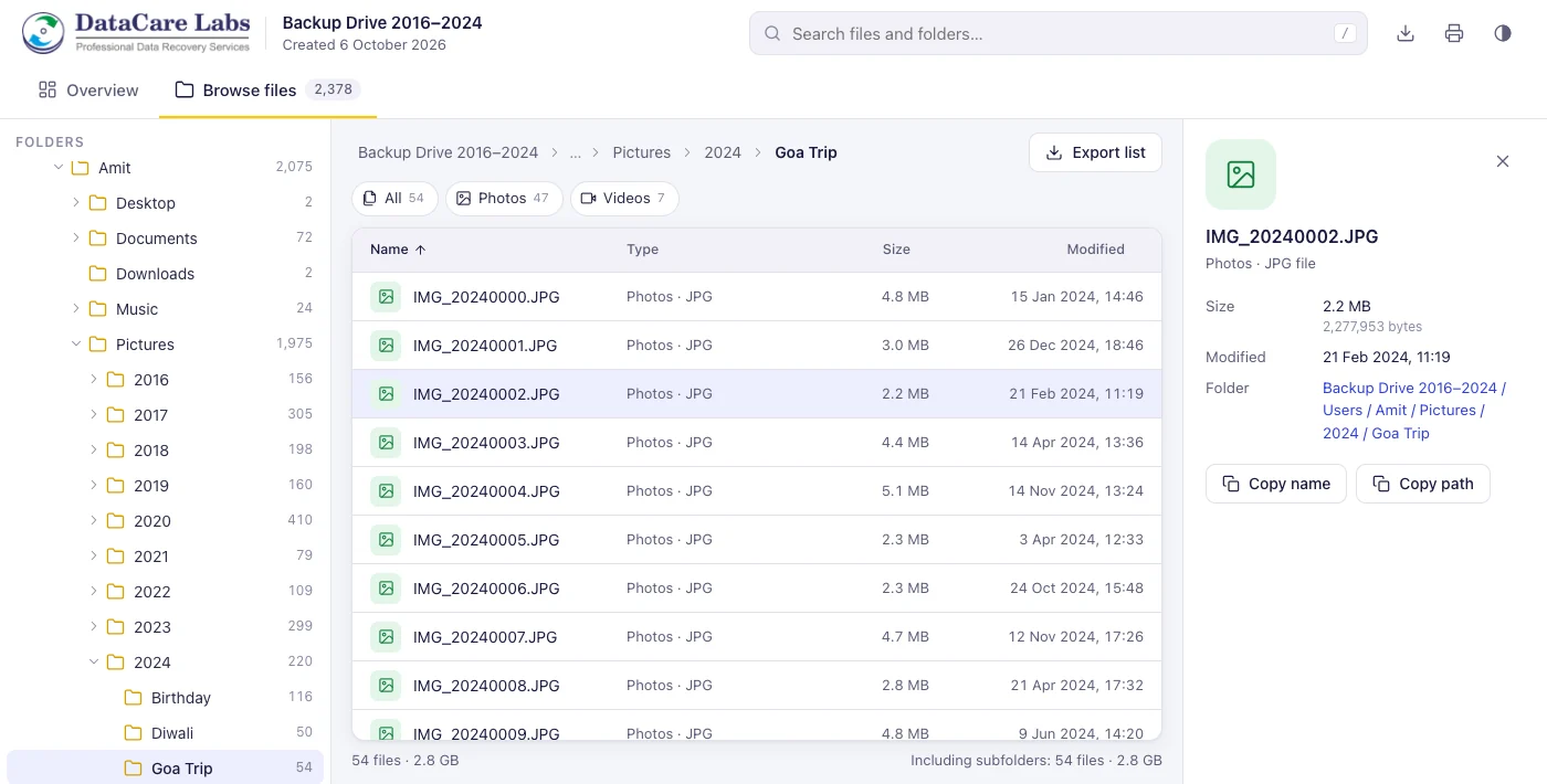 Browsing a folder report in the browser with folder tree, file list and file details panel