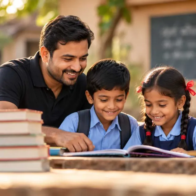 Volunteer reading a book with two village school children