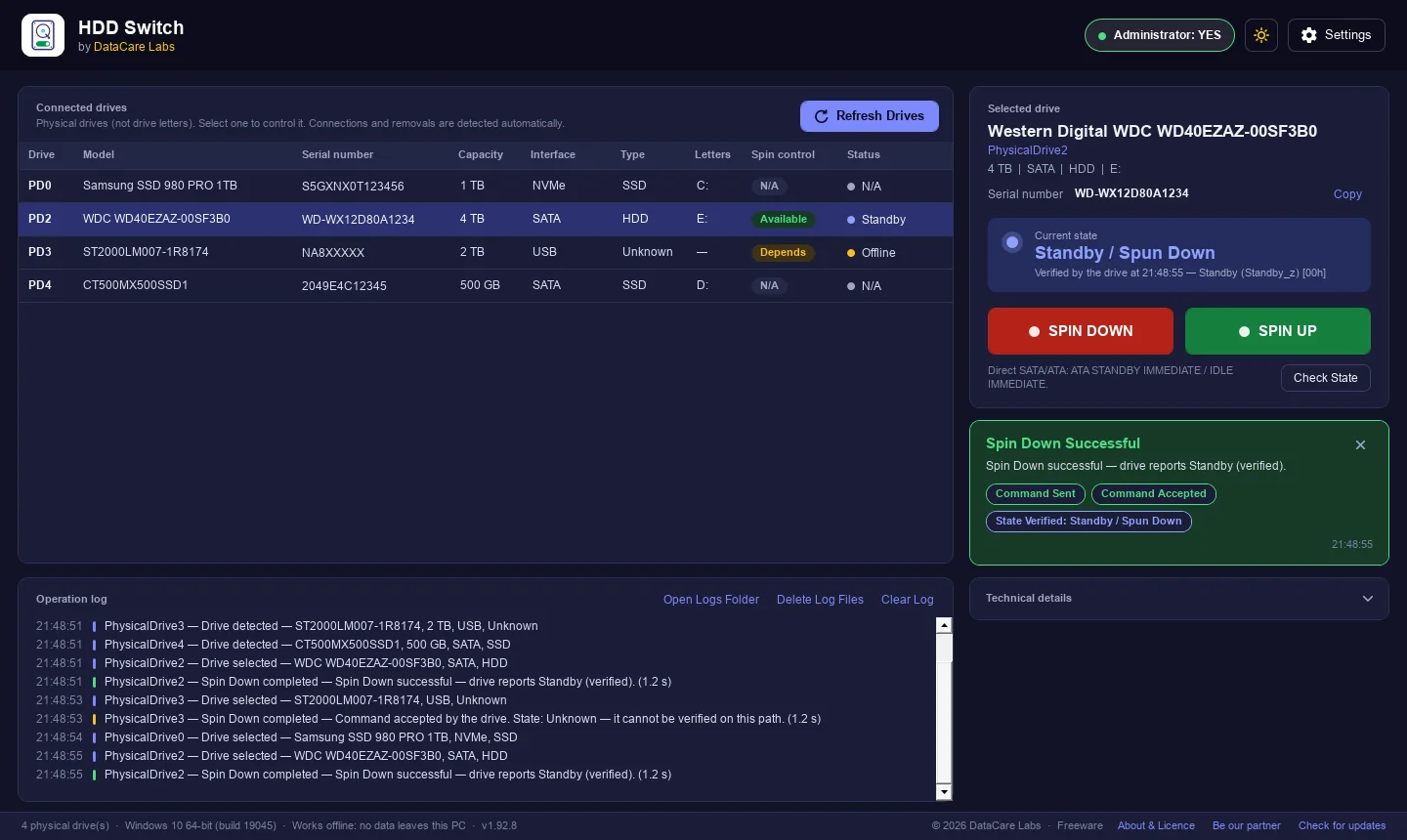 HDD Switch in dark mode with a hard disk verified as spun down
