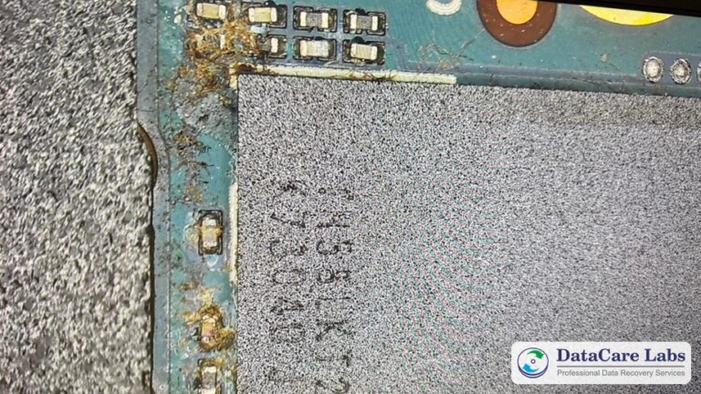Liquid damaged SSD recovery in Pune: tea residue and corrosion on a Samsung 980 SSD board under our lab microscope