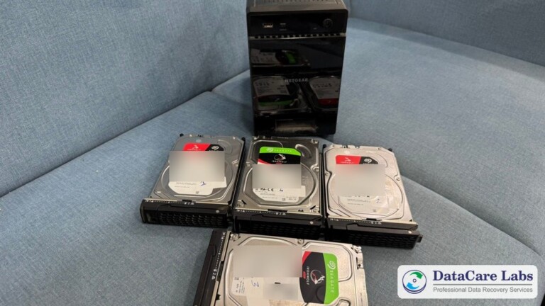 RAID 5 data recovery in Hyderabad: Netgear NAS with its four Seagate IronWolf 4TB drives, two of them failed