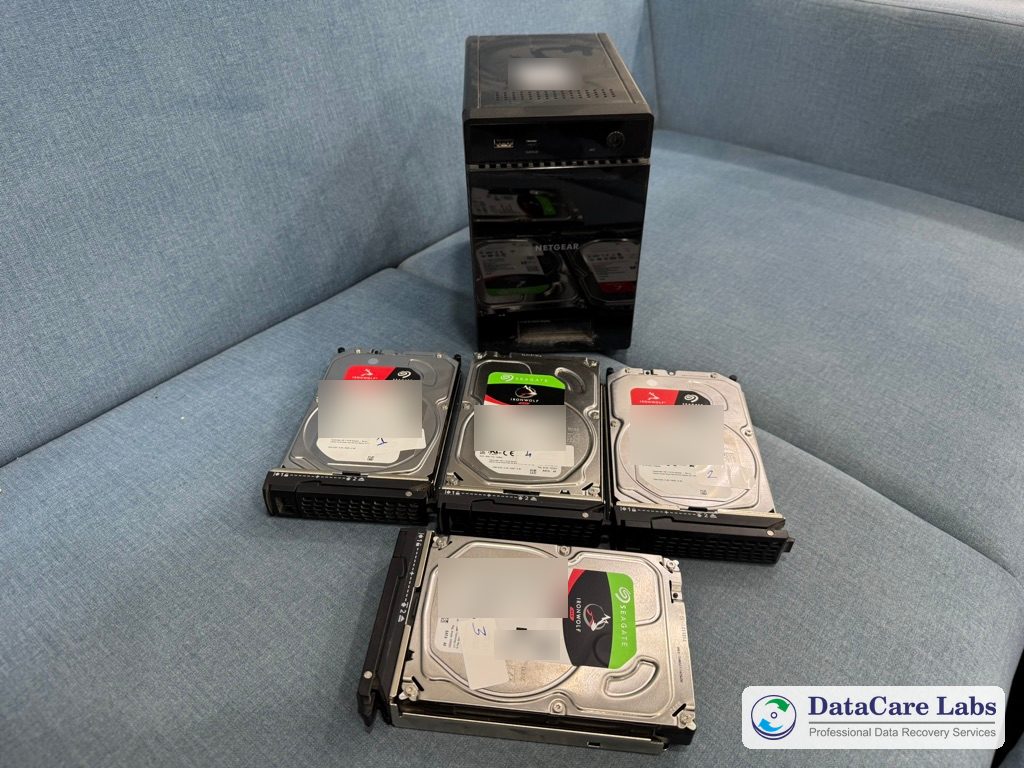 Netgear ReadyNAS and four Seagate IronWolf 4TB drives at the DataCare Labs lab RAID 5 data recovery: Netgear ReadyNAS and its four Seagate IronWolf 4TB drives, numbered by bay, at the DataCare Labs lab